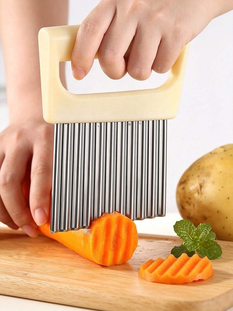 1pc Potato Slicer With Protective Cover, Stainless Steel Wavy Blade Wolf Tooth Potato Cutter, Manual Vegetable Slicer For Kitchen And Home Use, No Power Required, Multi-Functional For Fresh Fruit, Vegetables, Salad, Carrots, Potatoes, French Fries - Perfect For Home Kitchen - Multicolor - View 1