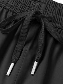 Black Side-Stripe Cargo Wide Leg Pants, Double Drawstring American Streetwear Loose Straight Leg Casual Long Pants For Men - Black - View 6