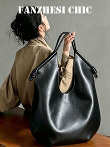Tote Bag With Knotted Shoulder Strap, Contrast Stitching Detail, Relaxed Casual Vibe, Loose Large Capacity, Suitable For Commuting, Shopping, Travel, Outings, Premium Vintage Niche Design - Black - View 8