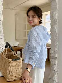 Korean Chic Striped Contrast Color Single Breasted Loose Fit Long Sleeve Hooded Sun Protection Shirt For Women, Summer Spring - Blue - View 2