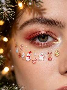 Christmas Warm Tone Face Decoration Sticker Set, Gingerbread Man, Snowman, Candy, Sock Pattern Facial Decoration Sticker Set With Tweezers, Holiday Party Makeup Accents, Face Stickers - Multicolor - View 5