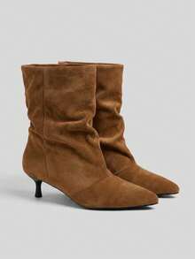 Women's Ruched Mid-Calf Boots, Pointed Toe Thin Kitten Heel Slip-On Ankle Boots, Comfortable For Daily Wear, Dating And Street Style - Khaki - View 2