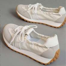 1 Pair Women's Colorful Patchwork Multi-Functional Sports Casual White Sneakers, Round Toe Outdoor Lace-Up Spring Autumn Canvas Panel Shoes - Beige - View 11