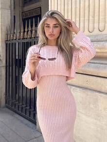JustMiss Women's 2pcs Sweater Set, Round Neck Long Sleeve Knit Loose Korean Style Soft Cable Texture Cover Up And Cami Dress, Autumn/Winter - Pink - View 1