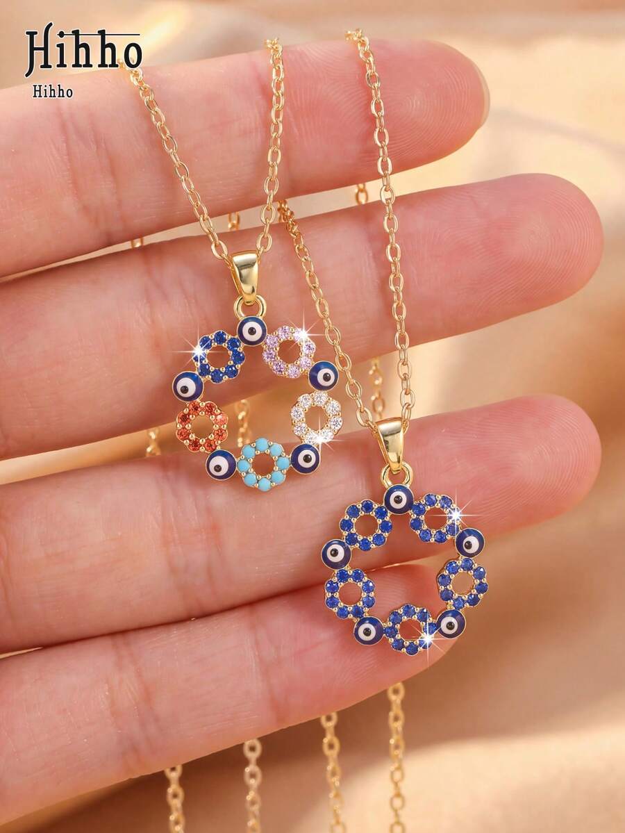 Hihho 1pc Evil Eye Floral Wreath Pendant Necklace, Multicolor Zirconia Options, Hollow Floral Wreath Circular Design, Inlaid With Evil Eye Pattern, Symbolizing Good Luck, Perfect Gift Accessory - Wreath - View 1
