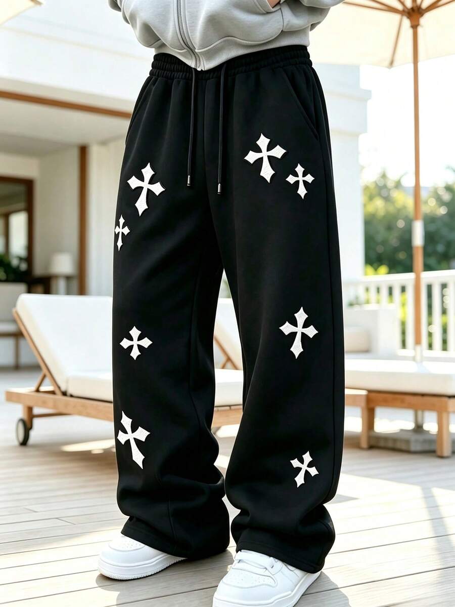 Cleanfit Relaxed Fit Cross Embroidery Sweatpants Loose Wide Leg Draped Men's Commute & Sport 2-In-1 Straight Leg Long Pants Sports - Black and White - View 1