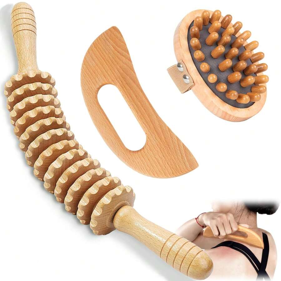 Wooden Massage Tool Set 3 Pieces12-Roller Body Massager, Crescent-Shaped Wooden Scraping Board And Air-Cushion Massage Comb