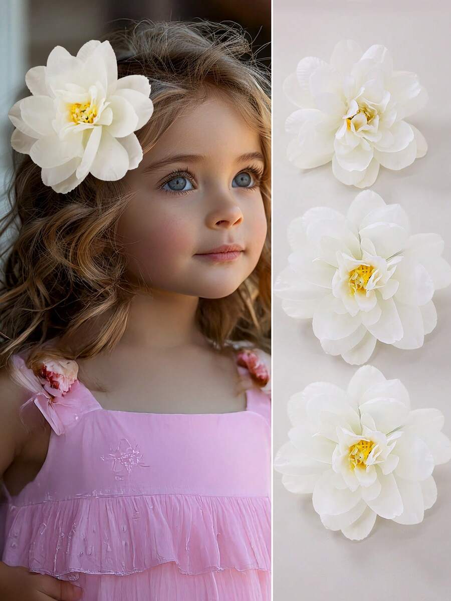 2pcs/Set Girls Baby Yellow Faux Tulle Ruffle Flower Hair Clips, Bangs Side Clips, Spring/Summer Beach Hair Accessories For Daily Wear - Multicolor - View 1