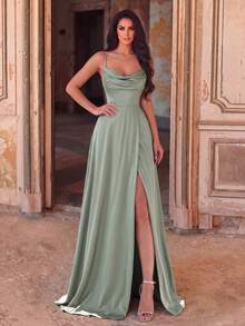 Faeriesty Elegant Spaghetti Strap Evening Gown With Ruched Bodice And High Slit Design - Formal Occasion Dress For Spring/Summer Fall Wedding - Mint Green - View 4