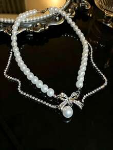 1pc Exquisite Pearl Beaded Bow Necklace, Suitable For Daily Wear, Fashion Necklace Accessory For Parties, Birthday Gift Necklace For Girlfriend - Silver - View 5