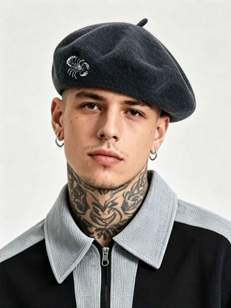 1 buah Topi Beret Pria Musim Gugur/Dingin, Desain Kalajengking Berhiaskan Berlian Imitasi, Topi Hangat Wol Kasual Jepang, Desain Niche Premium, Topi Vintage yang Dapat Dilepas - Satu-Ukuran - View 1