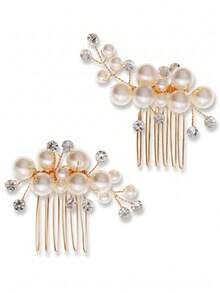 2pcs/Set Wedding Bride Pearl Hair Side Comb Rhinestone Hair Clips Pins Headpiece Vintage Hair Accessories Jewelry For Brides Bridesmaids - Gold - View 11