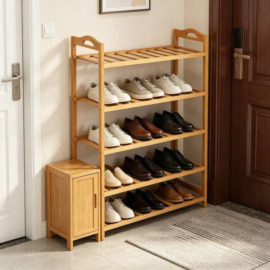 3‑Tier / 5‑Tier Shoe Rack, Made Of Natural Bamboo For Sturdiness And Stability. It Features Hollow‑Out Design For Good Ventilation, Offers Large‑Capacity Storage For All Kinds Of Shoes, Takes Up Little Floor Space, And Is Ideal For Entryways. - Multiple Specifications - View 1