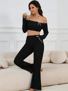 Women's Spring Autumn Winter Sweet Bow Fashion Ruffle Lace Solid Color Slim Fit Sexy Off-Shoulder Bell Sleeve Long Sleeve Casual Double Pocket Pants Comfortable Loungewear 2-Piece Set - Black - View 3
