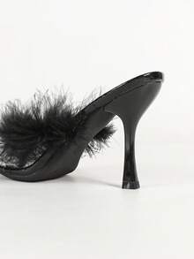 Women's Fluffy Feather Decor Thong High Heel Mule Shoes, Round Toe Open Toe Slip-On Stiletto High Heel Sandals, Party Evening Dress Shoes - Black - View 9
