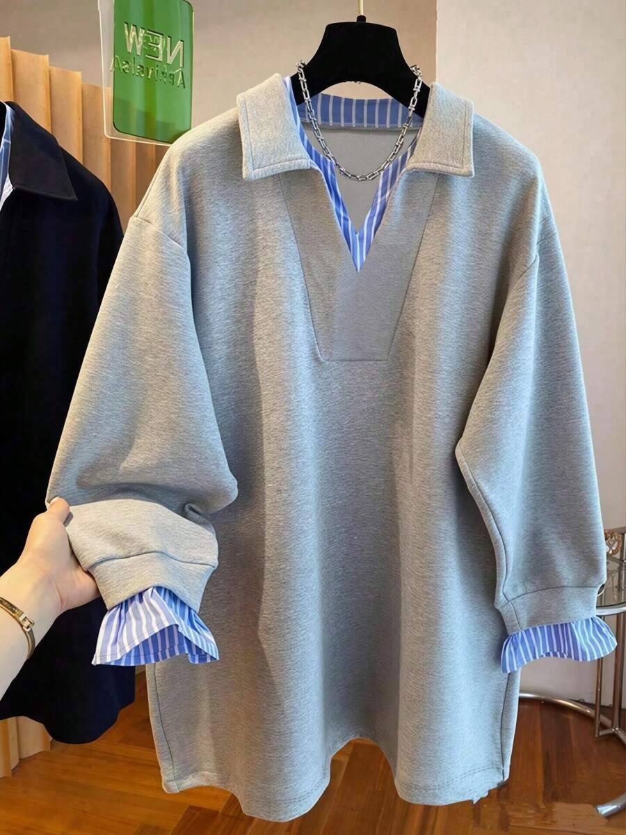 Sweater Longgar Kasual Ukuran Plus Wanita, Kerah Blok Warna Bergaris - Grey - View 1