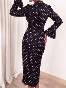 Women Deep V Neck Polka Dot Dress Lace Trim Flare Long Sleeve Side Slit Apparel For Fall Winter Cocktail Party Going Out - Black - View 6