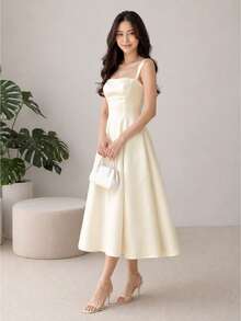 1pc Solid Color Elegant Hollow Back Bow Knot Women's Dress For Evening Date Wedding, Elegant White Dress - White - View 9