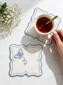 4入藍色方形蝴蝶刺繡聚酯纖維杯墊，可水洗桌飾防滑餐墊，防水防油，適用餐廳、咖啡廳、民宿，適合下午茶、節日、派對、聚會、生日、婚禮、晚餐 - 彩色 - 查看 7