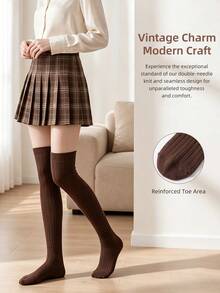 1 Pair Women's Brown Vertical Striped Over-The-Knee Socks, Soft Knitted Slouchy Long Tube Socks, JK Campus Commute Daily Wear - Brown - View 2