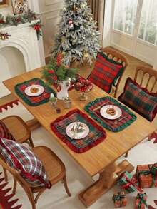 1/2/4pcs Vintage British Plaid Square Ruffled Napkins Placemats, Christmas Holiday Table Decor - Green - View 2