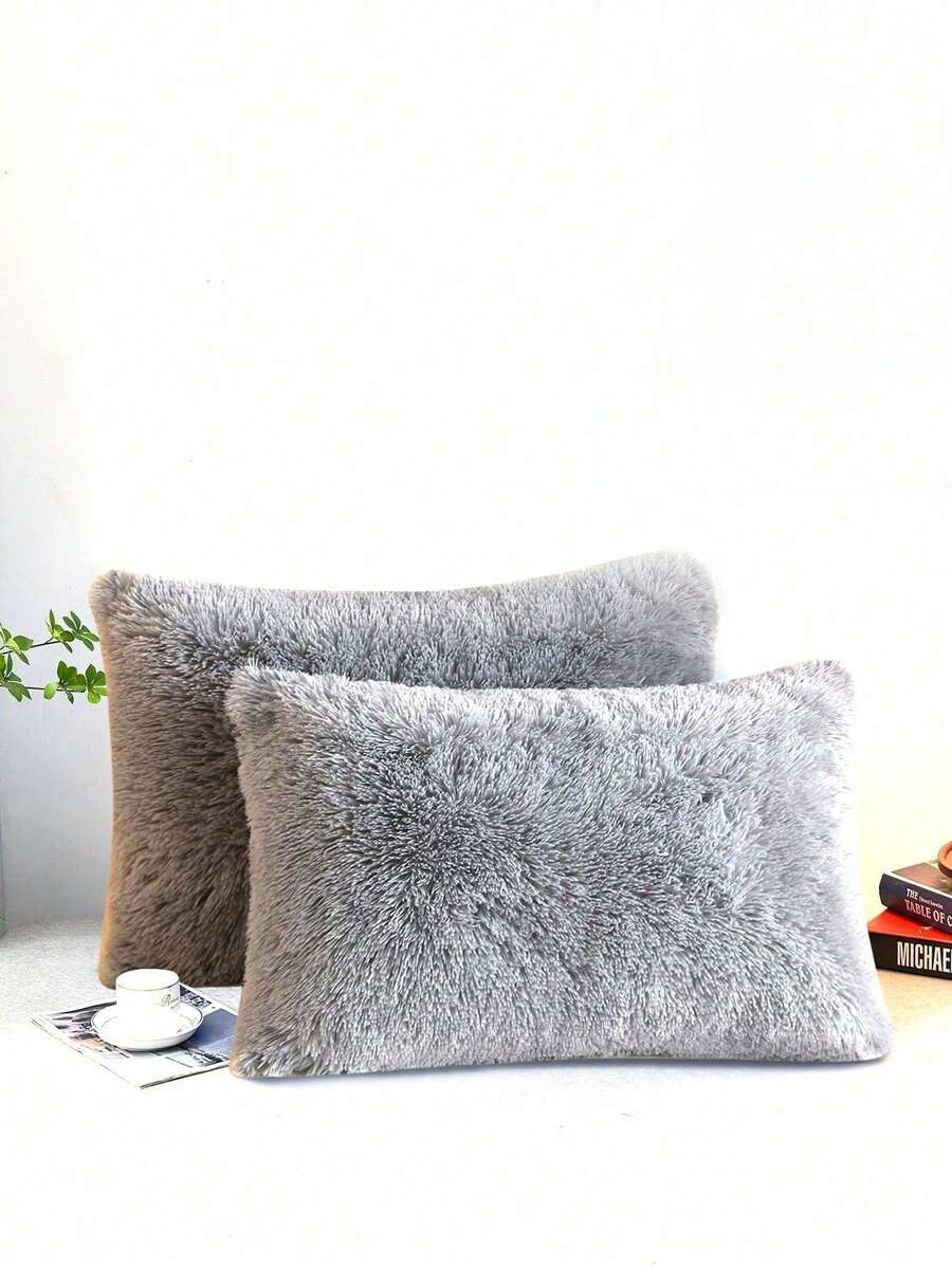 1pair Plain Plush Pillowcase Without Filler - Grey - View 1