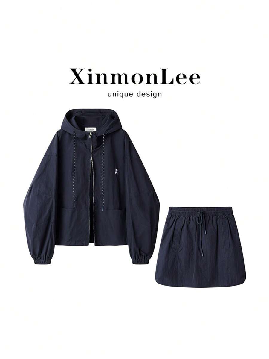 Korean Style Vintage Windbreaker Jacket & Minimalist Skirt 2 Pieces Set With Two-Way Zipper, Autumn Date Night Vacation Casual Wear - Navy Blue - View 1