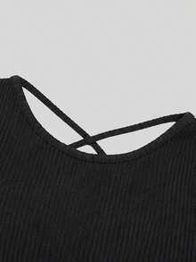 JTI Vestido corto elegante francés para mujer, negro, de punto acanalado, cuello redondo, ajuste ceñido, manga acampanada, espalda descubierta con lazo cruzado, para fiesta y baile de otoño/invierno - Negro - Ver 5