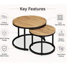 2-Piece Round Nesting Coffee Table Set, Industrial Loft Side Tables With Craft Oak-Effect Tops & Black Metal Frames, Space-Saving Living Room Furniture, Large 70cm & Small 50cm Tables - Brown - View 2