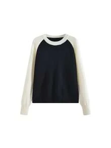 Korean Style Colorblock Knit Sweater For Women, Minimalist Loose Soft Flattering Casual Long Sleeve Base Layer Top - Black - View 4