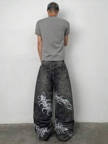 1pc Justice Brother Casual Personalized Print American Street Style Men's Distressed Wide Leg Jeans, Loose Fit Versatile Trousers (Belt And Accessories Not Included) - Grey - View 9