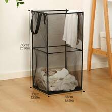 1pc Black Mesh Laundry Basket, Large Square Foldable Dirty Clothes Hamper, Portable Single/Double Layer Handheld Household Bathroom Laundry Storage - Multicolor - View 3