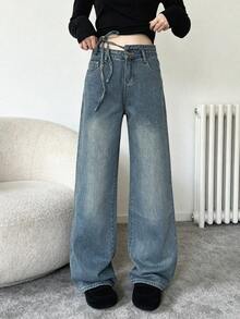 Jeans Potongan Lurus dengan Saku Miring, Gaya Kasual - Medium Wash - View 2