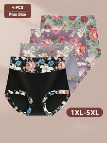 MIOTAN 4pcs Plus Size Women High Waist Soft & Comfortable Printed Briefs, Everyday Wear - Multicolor - View 5