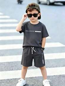 2pcs/Set Boys' Letter Print Round Neck Short Sleeve T-Shirt And Drawstring Waist Shorts Casual Outfit - Dark Grey - View 1
