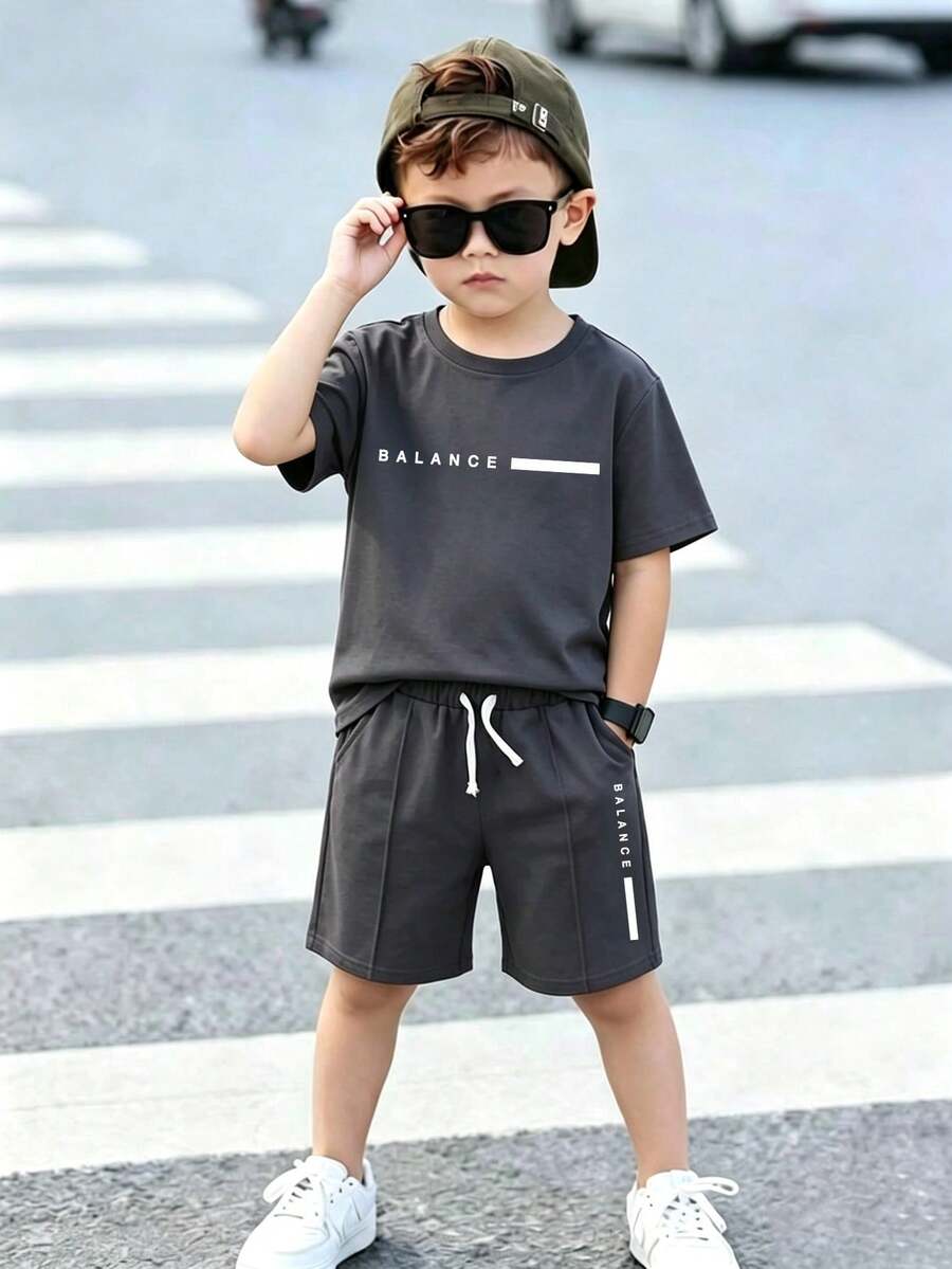 2pcs/Set Boys' Letter Print Round Neck Short Sleeve T-Shirt And Drawstring Waist Shorts Casual Outfit - Dark Grey - View 1
