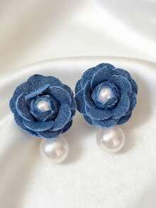 2 piezas Nuevos pendientes de botón con incrustaciones de tela geométrica y perlas falsas con diseño floral, joyería versátil para mujer - Azul - Ver 3