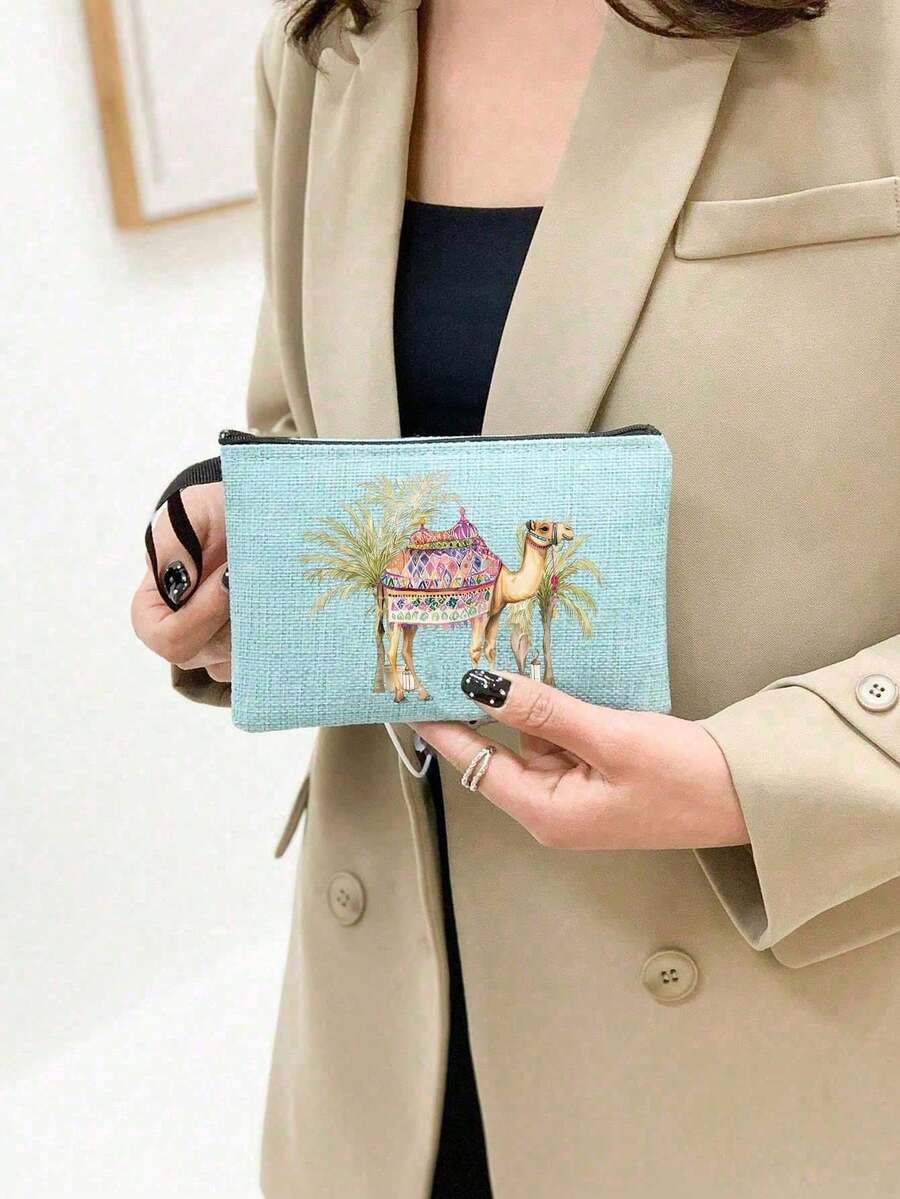 Camel & Palm Tree Print Makeup Bag, Zippered Toiletry Storage Pouch, Reusable Cosmetic Organizer With Camel Pattern, Lightweight, Makeup & Toiletry Storage Bag, Zippered Makeup Bag, Lightweight Coin Purse, Toiletry Bag, Storage Bag, Travel Accessory, Perfect For Shopping, Multi-Functional Use, For Organizing Cosmetics, Brushes, Accessories, Perfect Gift For Teacher's Day, Back To School, Middle East National Day, Halloween, Ramadan, Christmas - Multicolor - View 1