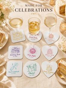 Personalized Name And Year Coaster, Custom Text Drink Coaster With Line Art Party Design, Custom Beverage Coaster, Birthday Party Table Decor, Celebration Drink Mat, Coffee Coaster, Birthday Gift For Friends, Family, Party Hosts And Guests. - Multicolor - View 9