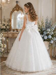 Tween Girl Mesh Patchwork Fashion Evening Dress Spaghetti Strap Dress - White - View 1