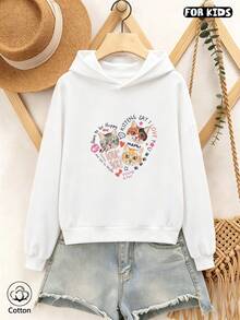 Children's Cartoon Cat Love Printed Hooded Sweatshirt - Soft And Breathable, Loose Fit, Long Sleeved Pullover, Suitable For Men And Girls To Wear - White - View 2
