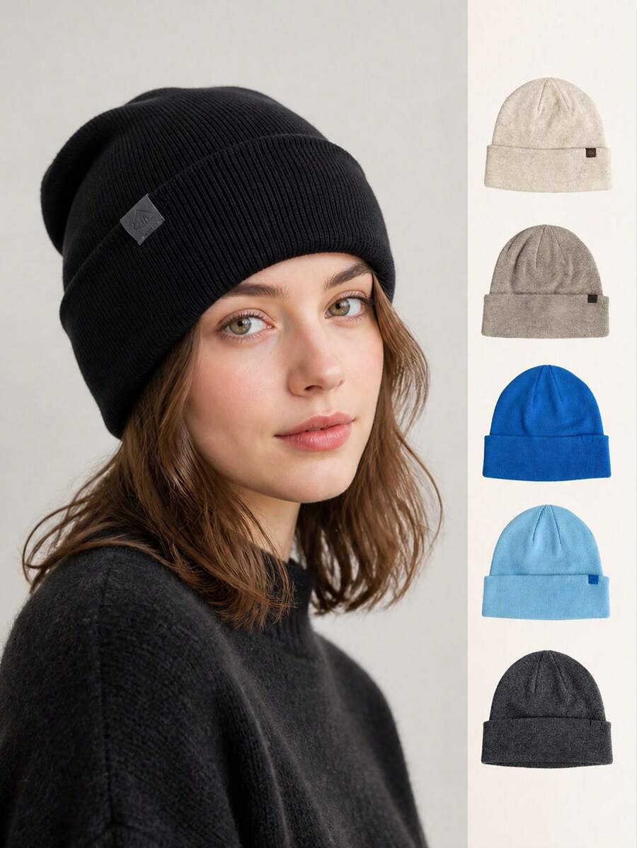 Women's Solid Color Ribbed Knit Loose Beanie, Soft Warm Folded Brim Winter Hat, Suitable For Daily Wear - Hat - View 1