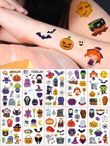 10 Lembar, Stiker Tato Pola Kartun Halloween, Tato Sementara Pola , Hantu, Kelelawar, Zombie, Kucing yang Lucu, Stiker Tato Palsu Tahan Air untuk Riasan Pesta Halloween - MultiWarna - View 4