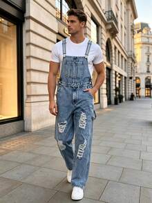 Men's Ripped Denim Dungarees Frayed Adjustable Overalls - Navy Blue - View 10