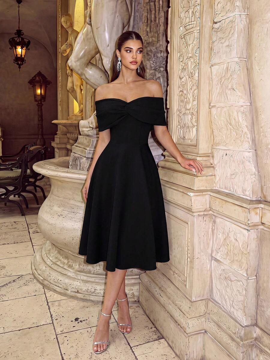 ADYCE Elegant Cold Shoulder Cinched Waist Backless Fitted Midi Party Dress, Date Night, New Year, Prom, Homecoming, Wedding Guest, Birthday Party - Black - View 1