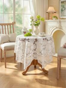 1PC White Floral Lace Tablecloth, Hollow Out Tulle Daisy Embroidered Table Cover, Vintage Bohemian Style Decorative Beautiful Tablecloth, Suitable For Dining Room, Party, Wedding And Home Decor - White - View 3