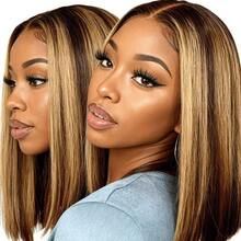 Honey Blonde Piano Highlight Short Bob Wig 13x4 HD Transparent Lace Frontal Human Hair Wigs For Women Salon Color Hair 150% Density Ombre 4/27 Straight Glueless Wear And Go Wigs Cheap Highlight 12inch Colored Bob Wig Pre Plucked With Baby Hair Around - S4/27 - View 7