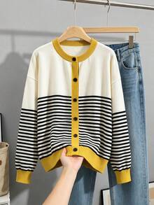 GIGOGOU Plus Size 1XL-4XL Women's Autumn/Winter Colorblock Striped Knit Cardigan, Round Neck Front Button Long Sleeve Casual Knit Jacket - Yellow - View 6