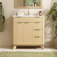 81 Cm Freestanding Bathroom Cabinet With Decorative Wave Design, Warm Natural Wood Tone, 3 Drawers And Double Doors With Shelf – Faucet Not Included - Natural Color - View 3