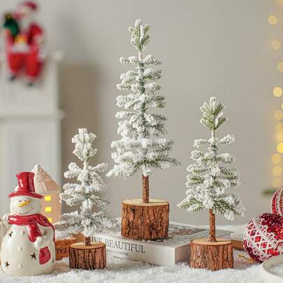 1-3pcs Snow Flocked Mini Christmas Tree Set, Artificial Pine Tabletop Decor With Wood Base For Home Office Holiday Party